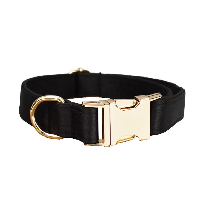 Cloth dog collar and leash set with matching decorative bow and dog vest on a size chart showing S, M, L, XL.