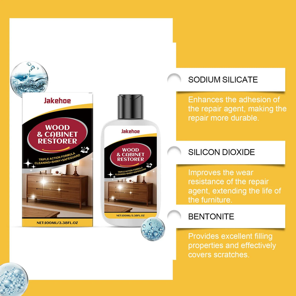 Wood furniture scratch care solution showing 100ml bottle and 20x20cm applicator towel