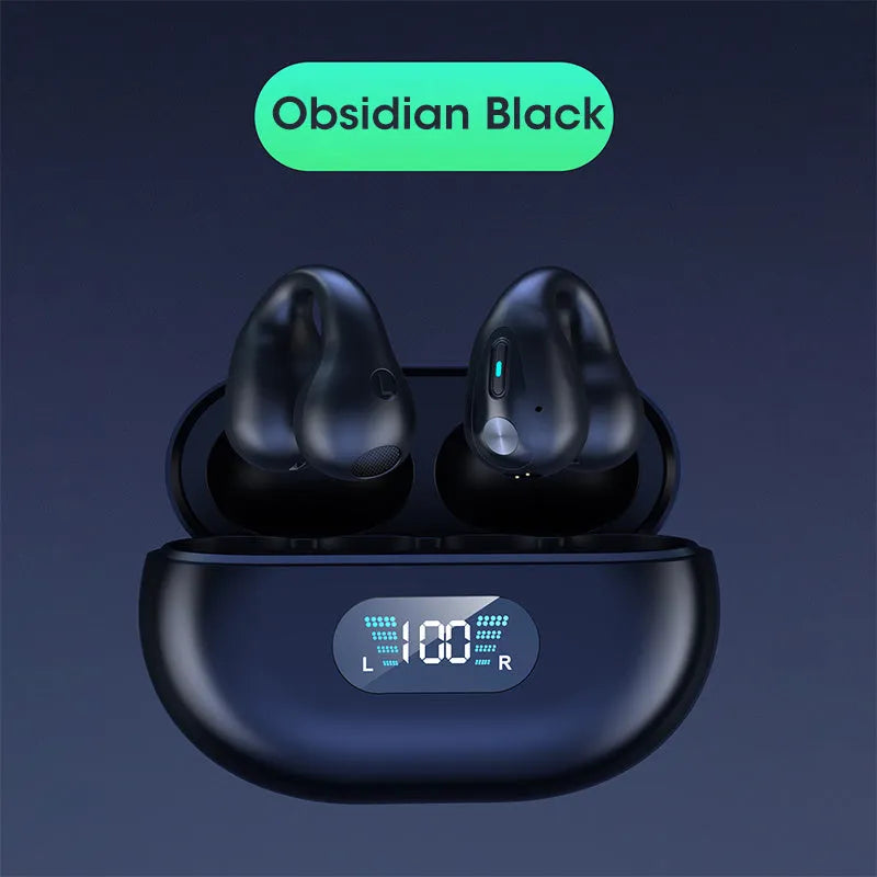 Q80 bone conduction Bluetooth headset clip in black, showing ear clip design for open-ear listening.