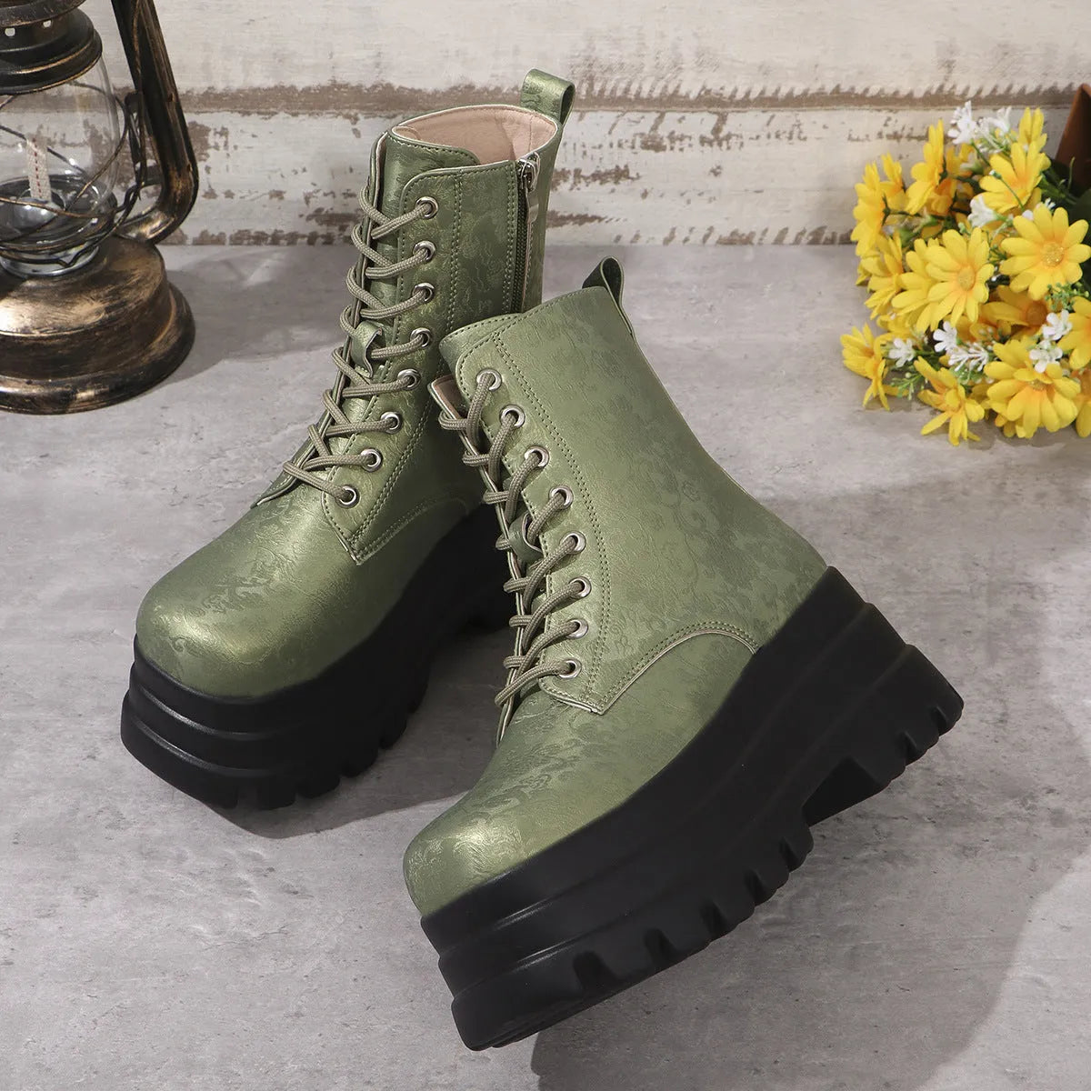Women's black retro platform boots with chunky heel and side zipper
