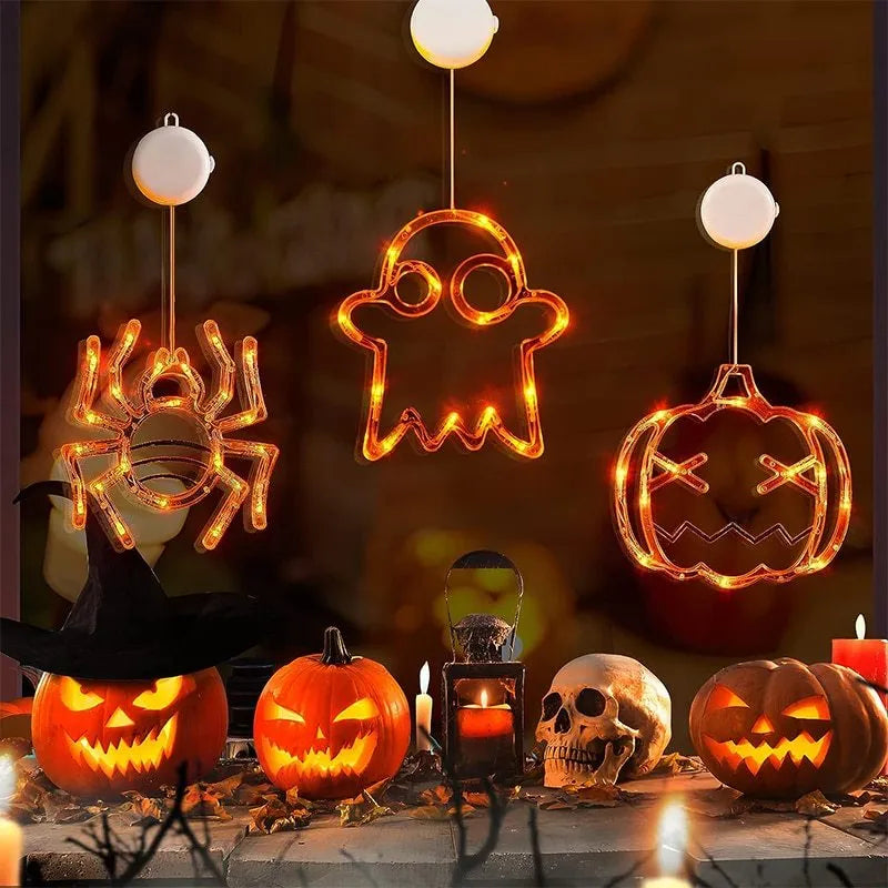 Halloween LED window hanging lights showing 7 horror characters including spider, pumpkin and ghost designs