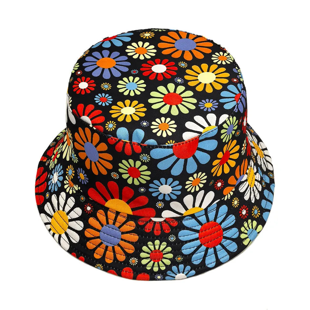 Colourful flower pattern polyester bucket hat with dome crown in size M