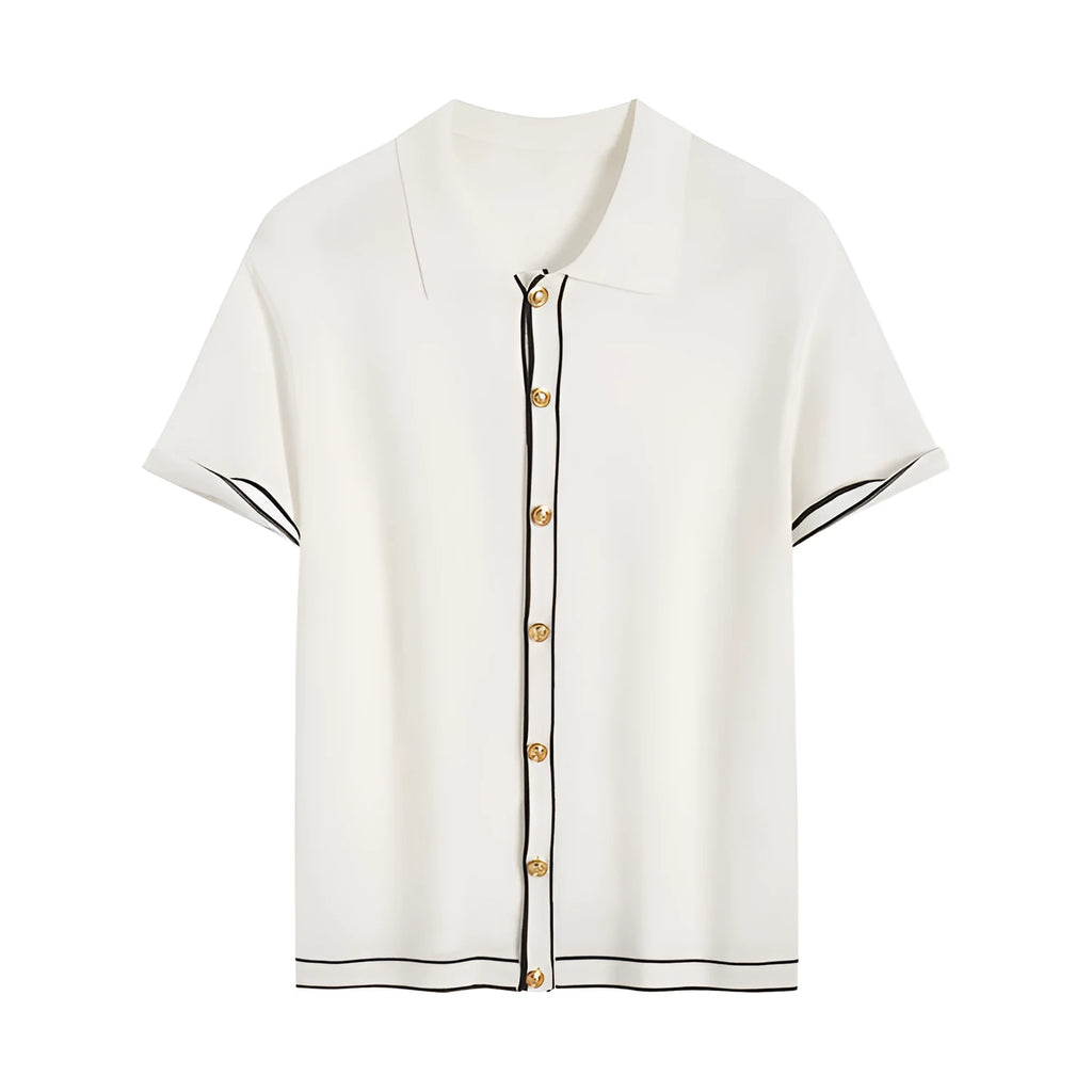 White women's short sleeve cardigan with dark contrast lapels on a front view.