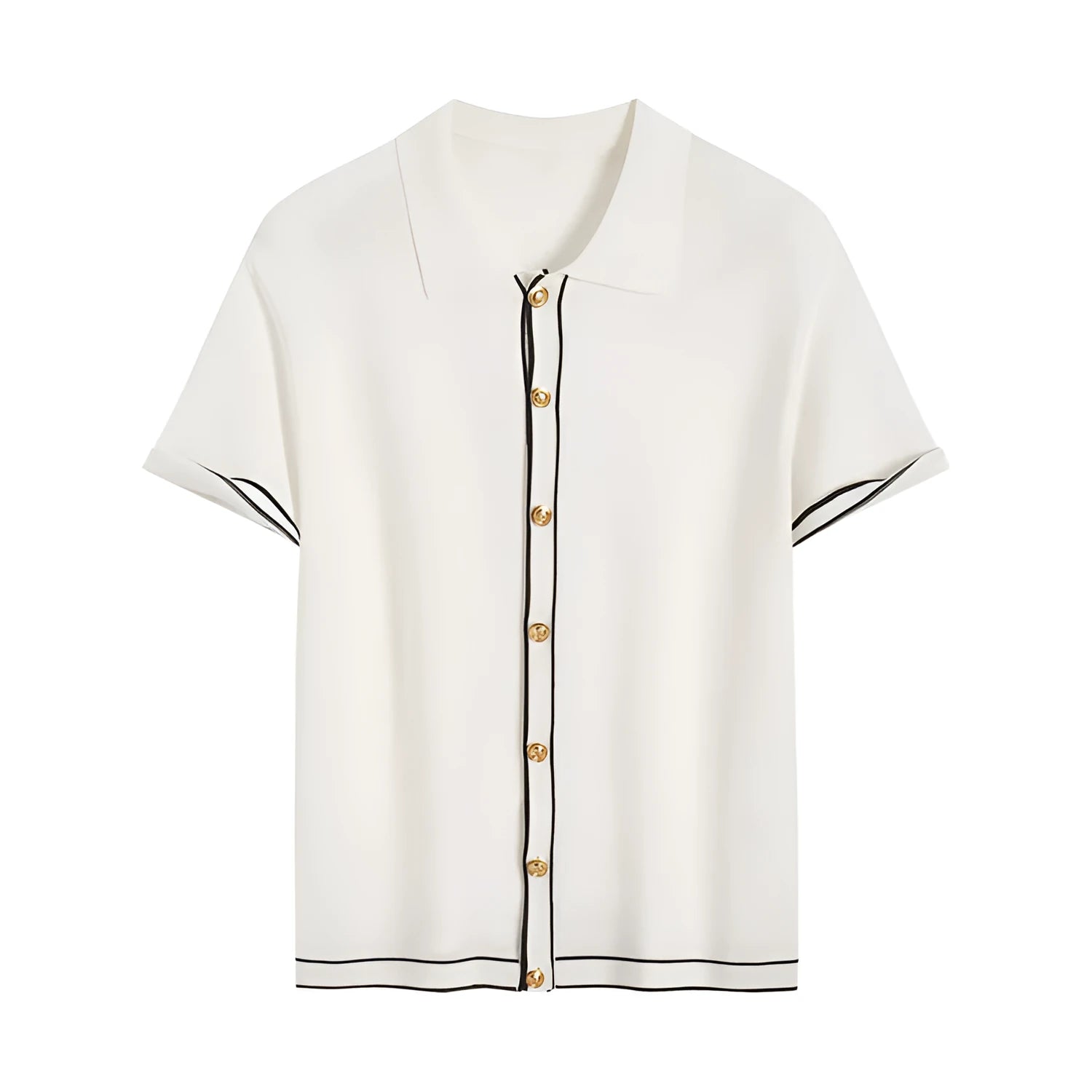 White women's short sleeve cardigan with dark contrast lapels on a front view.