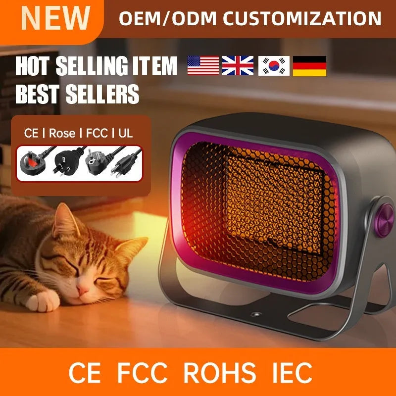 White PTC ceramic desktop electric heater on a table showing front grille and control buttons.