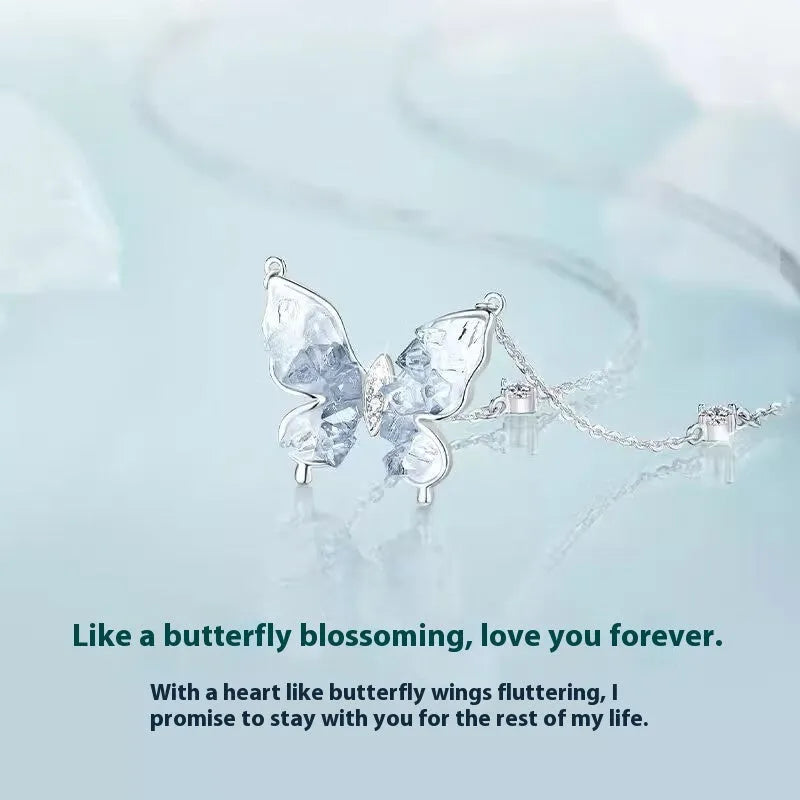 Bingyu Butterfly women's necklace in S925 silver with ice rain pendant on adjustable O-ring chain