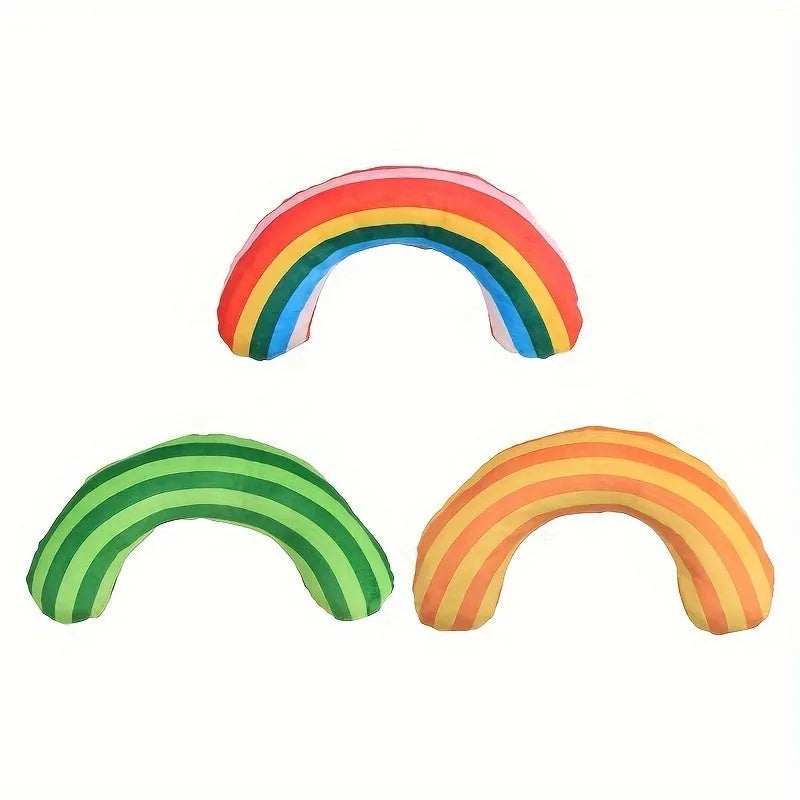 Striped pattern cat pillow toy with built-in catnip in green, rainbow or yellow colours