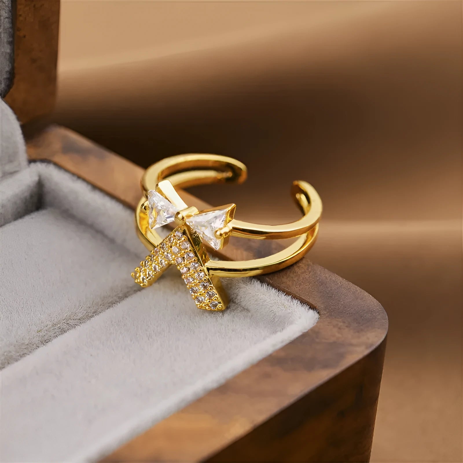Korean women's adjustable open geometric ring with gold electroplated finish on copper