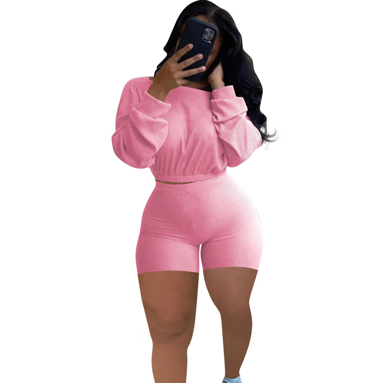 Ladies' solid colour off-the-shoulder long sleeve top and shorts two-piece set