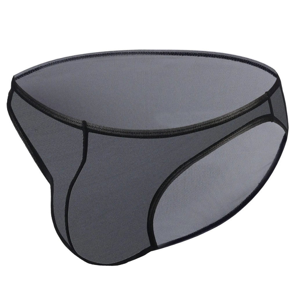 Men's black ice silk triangle low waist shorts made from quick-dry nylon fabric.