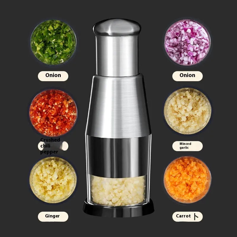 Black manual garlic crusher onion chopper with stainless steel blades on a kitchen counter