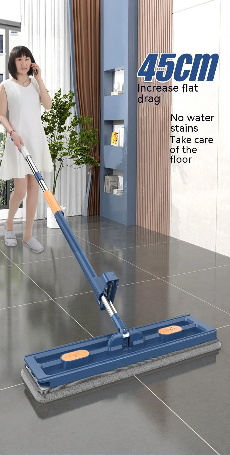 Large flat mop with stainless steel handle and rotating head for floor cleaning