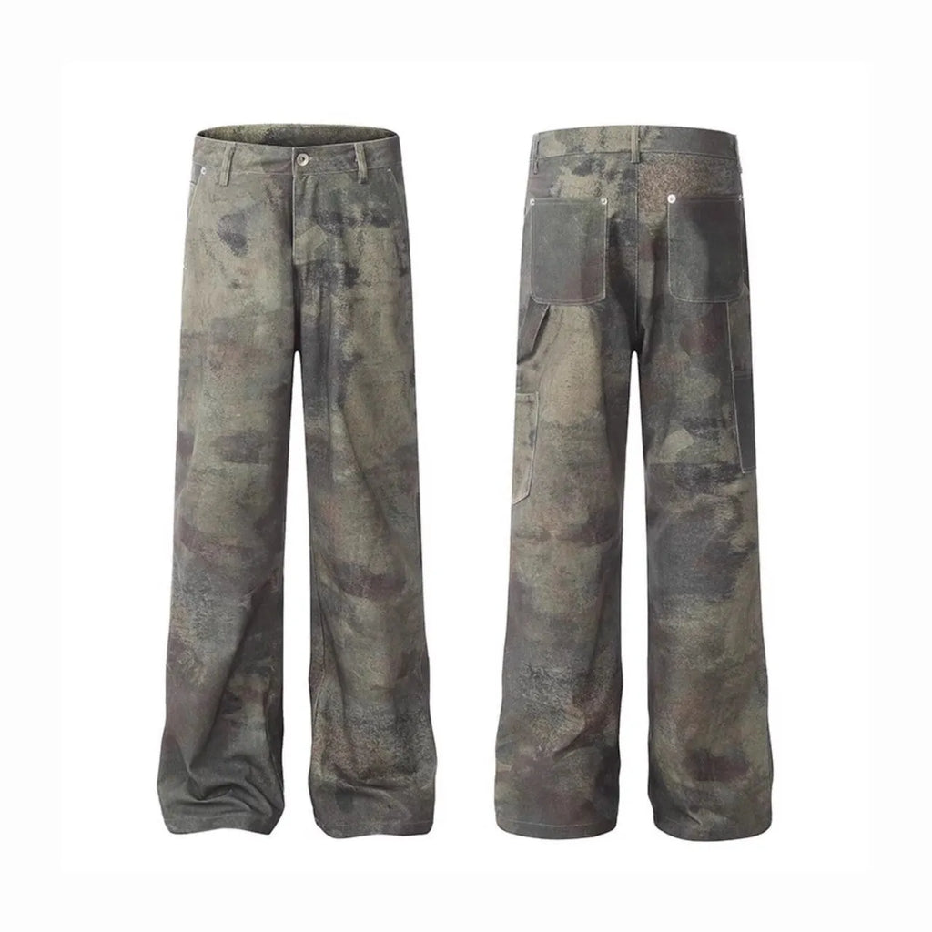 Men's straight leg jeans with retro digital camouflage pattern on dark denim fabric