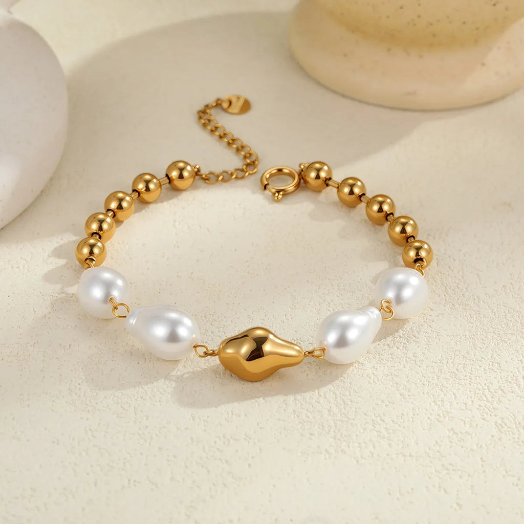 Fashion 18K stainless steel heart shape bracelet with baroque pearl and diamond accent for women