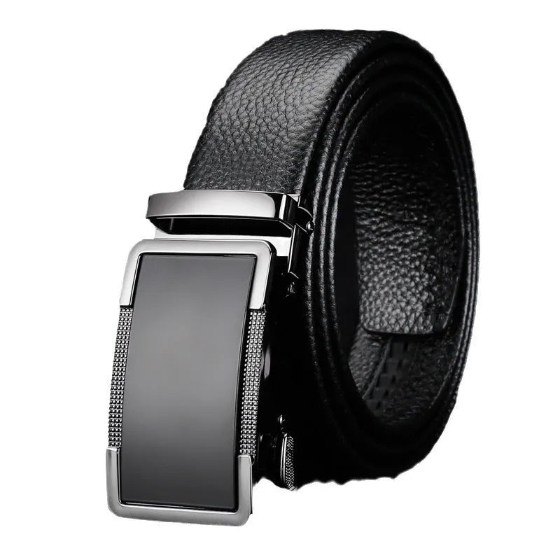 Men's gun black leather belt with an automatic alloy buckle, laid flat showing its length