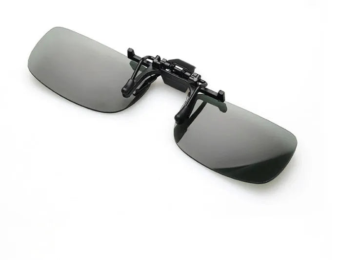 Clip-on sunglasses for prescription glasses in large and small PC frame sizes with grey, green, and night vision lenses