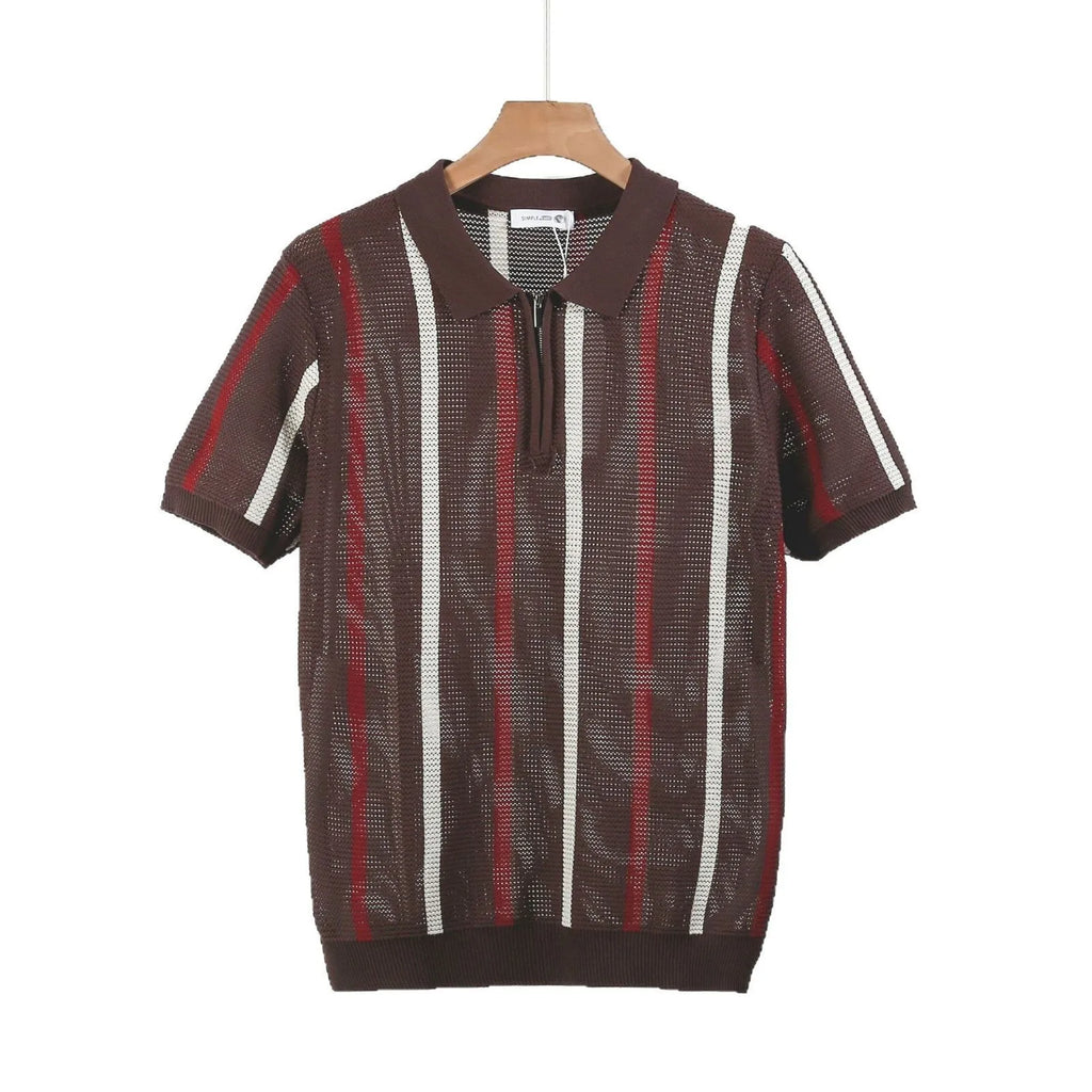 Men's black mesh polo shirt with chest zipper detail on hanger