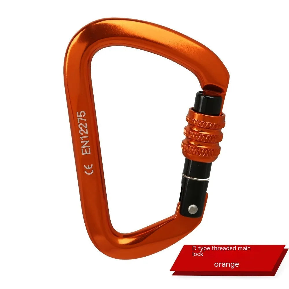 D-shaped climbing carabiner main lock shown in red, with choice of automatic or threaded gate closure.