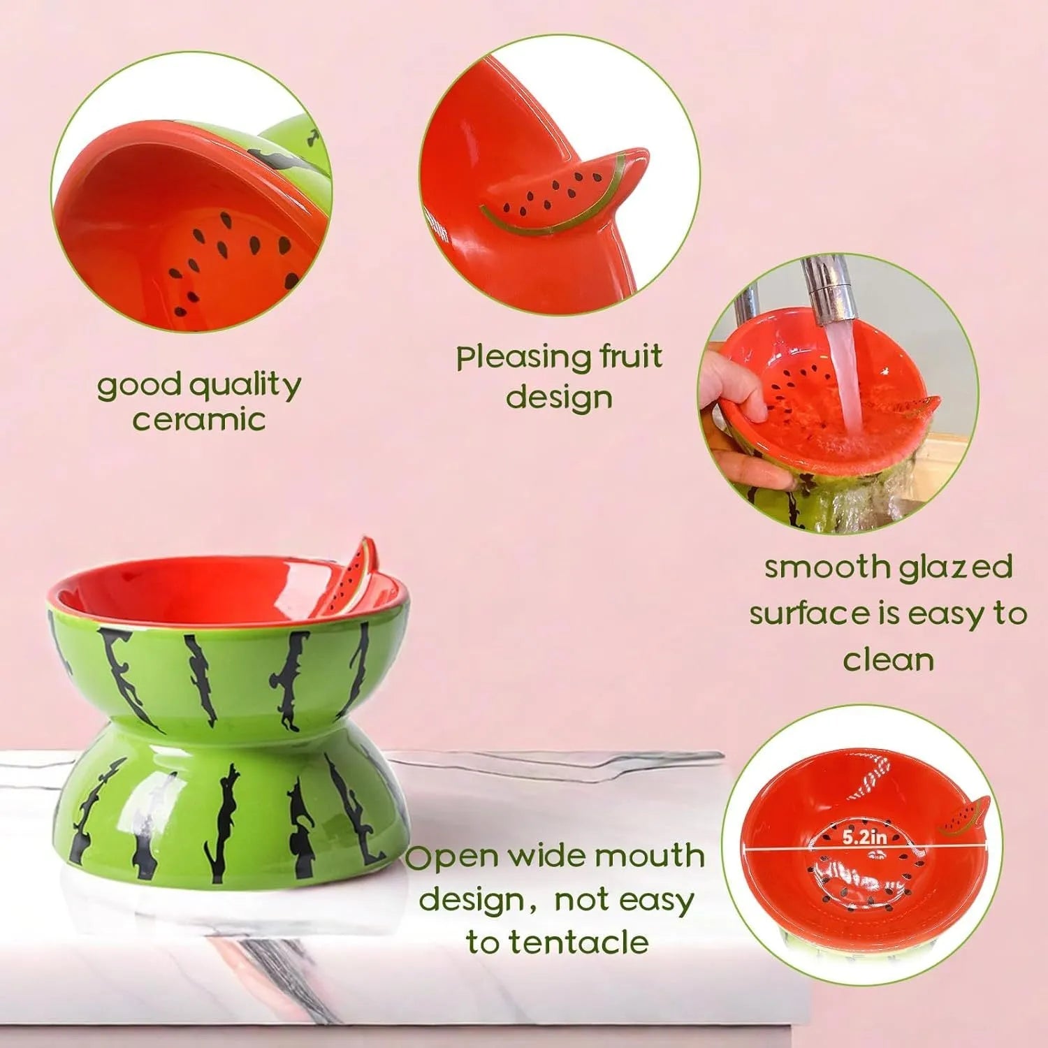 Ceramic elevated cat bowl with tilted design in orange, pitaya, or watermelon patterns