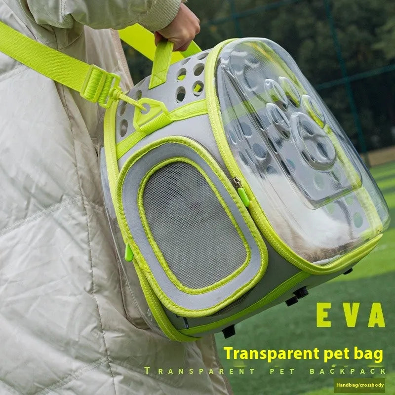 Transparent space capsule cat backpack carrier in grass green colour showing hard EVA construction and dimensions for cats up to 9kg