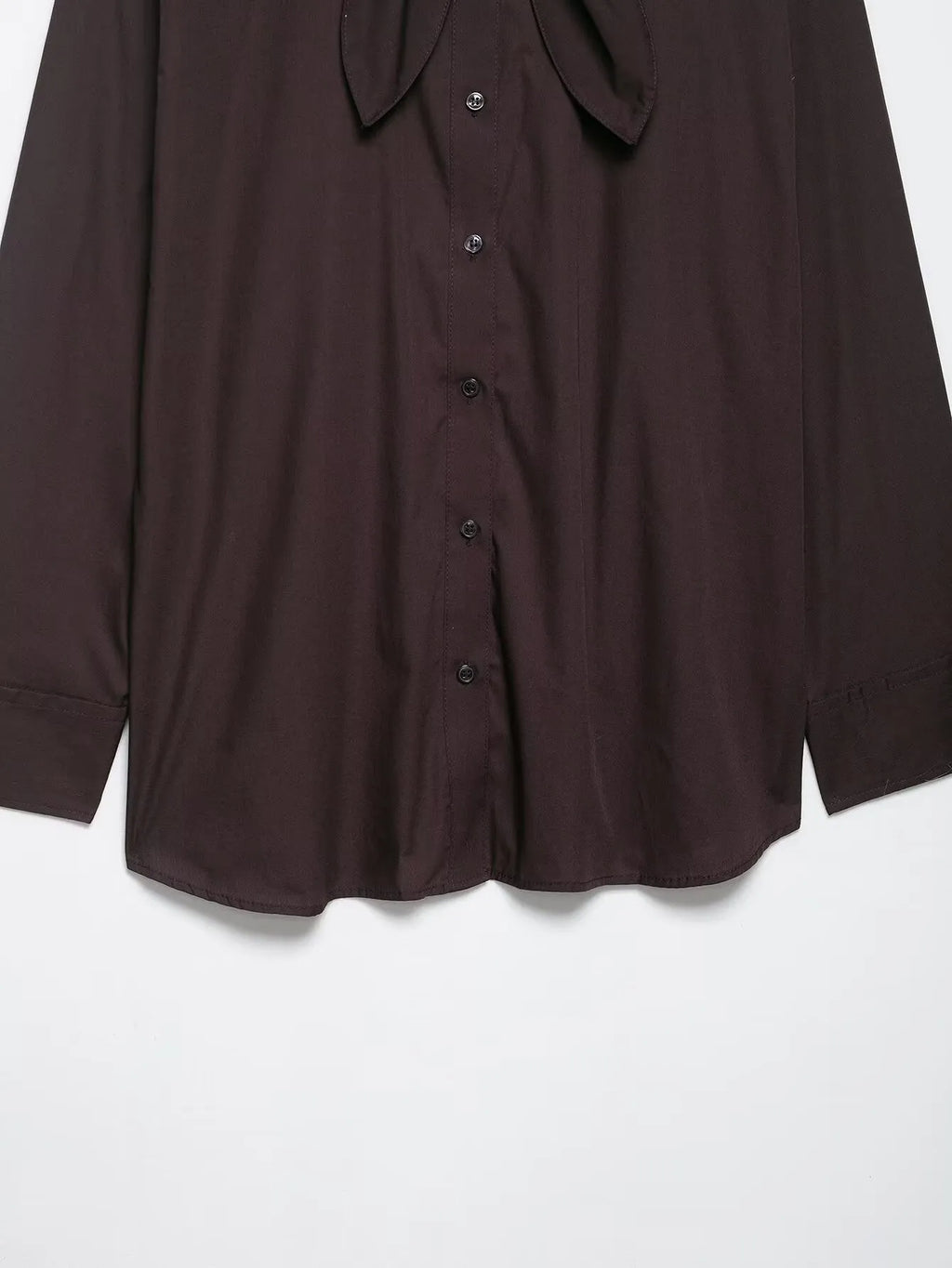 Brown women's loose fit poplin shirt with long sleeves and a scarf bow tie detail.