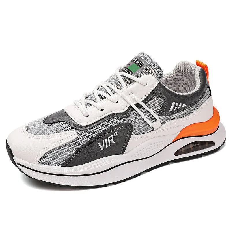 Men's grey breathable mesh casual running shoes with a round toe and EVA sole on a white background.