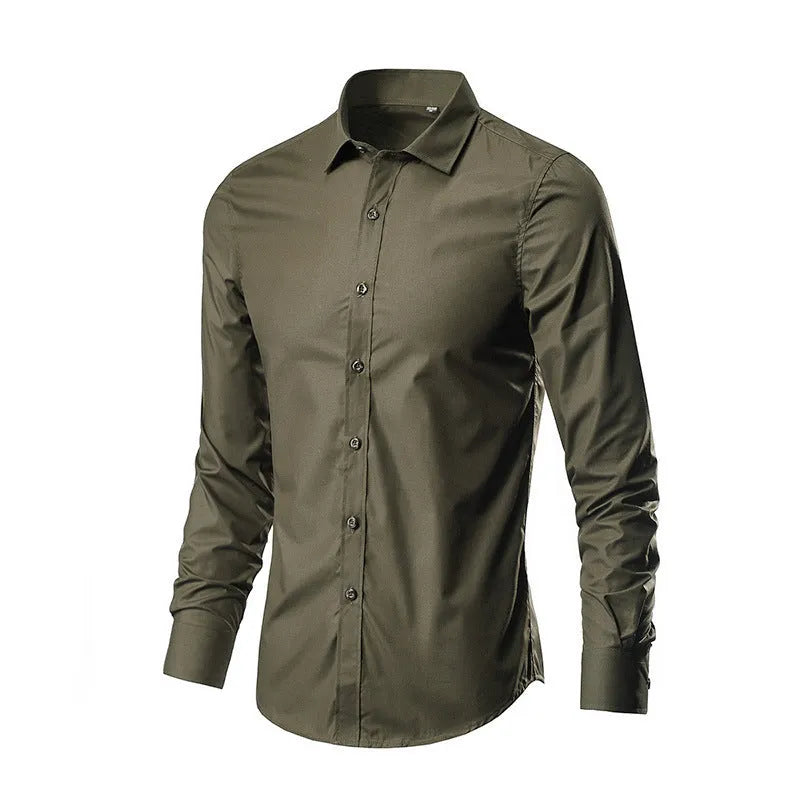Men's loose fit long-sleeve linen shirt shown in multiple colours including black, white, and navy blue.