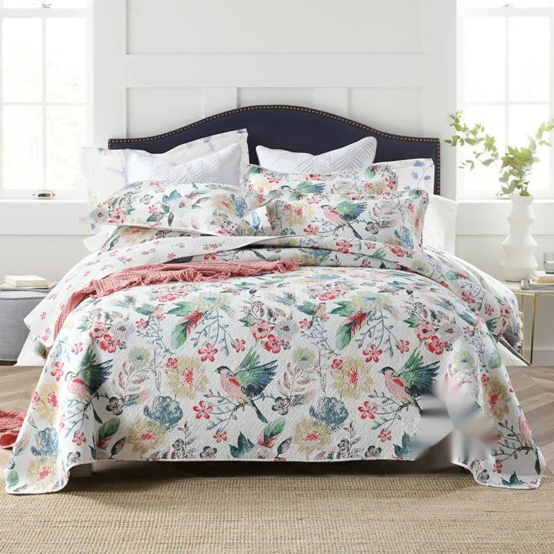 Pure cotton bedspread three-piece set with geometric print pattern showing bed cover and pillowcases