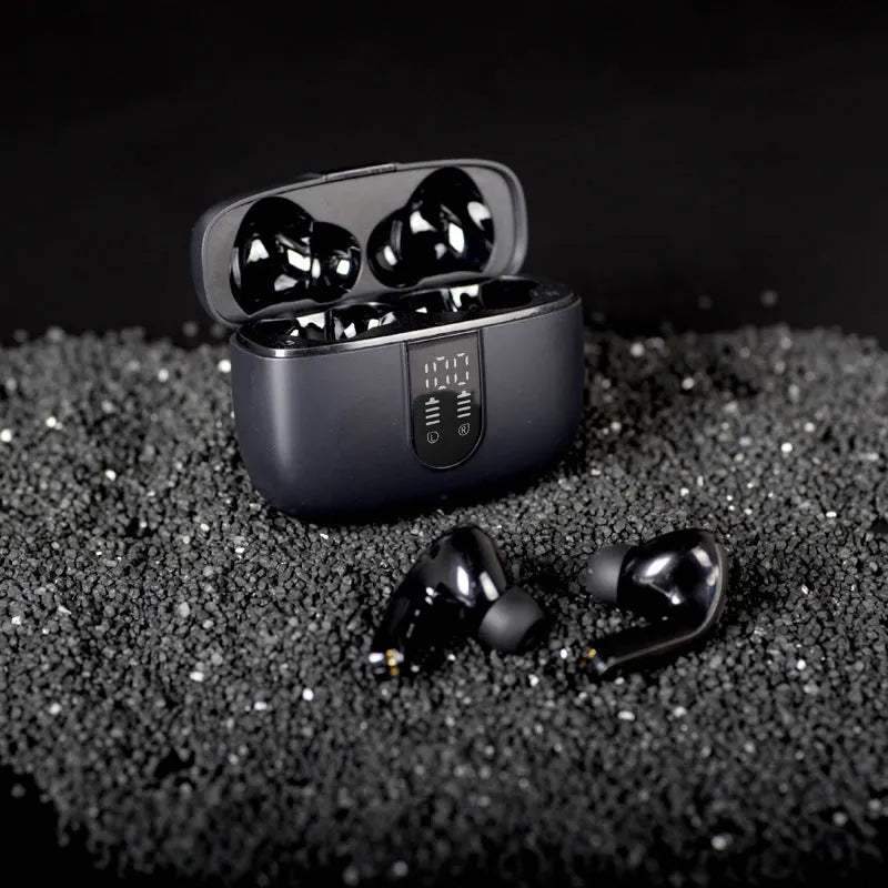 Jerry X08 wireless in-ear headphones with digital display showing pairing status