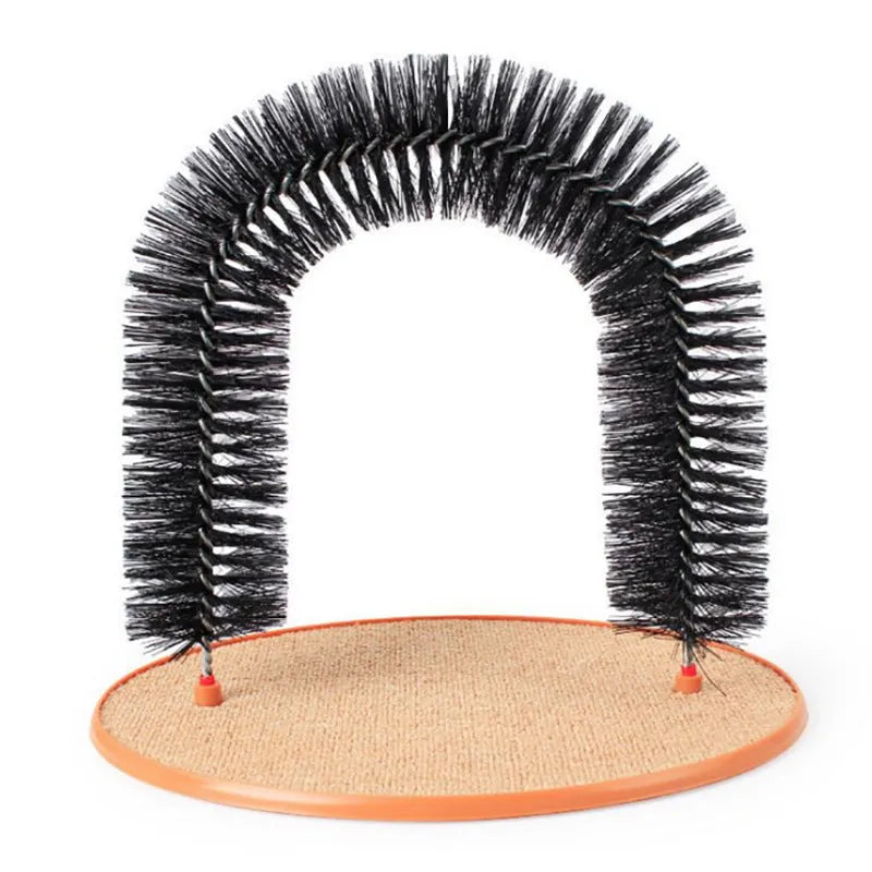 White plastic arched cat grooming toy with built-in brush bristles for scratching and rubbing.