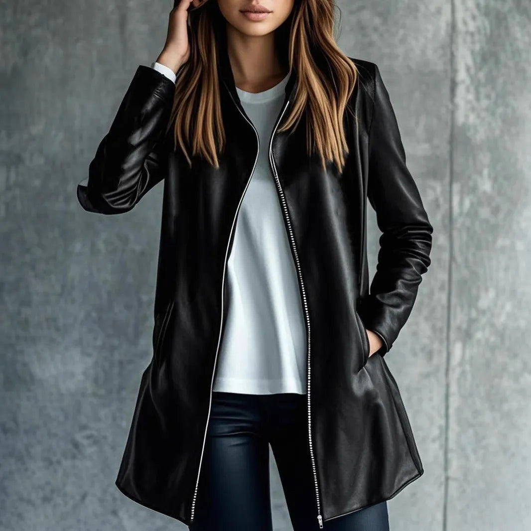 Black women's polyester leather jacket with medium length and long sleeves
