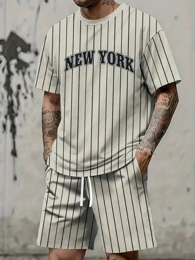 Men's grey 3D printed letter short sleeve top and shorts sports suit set