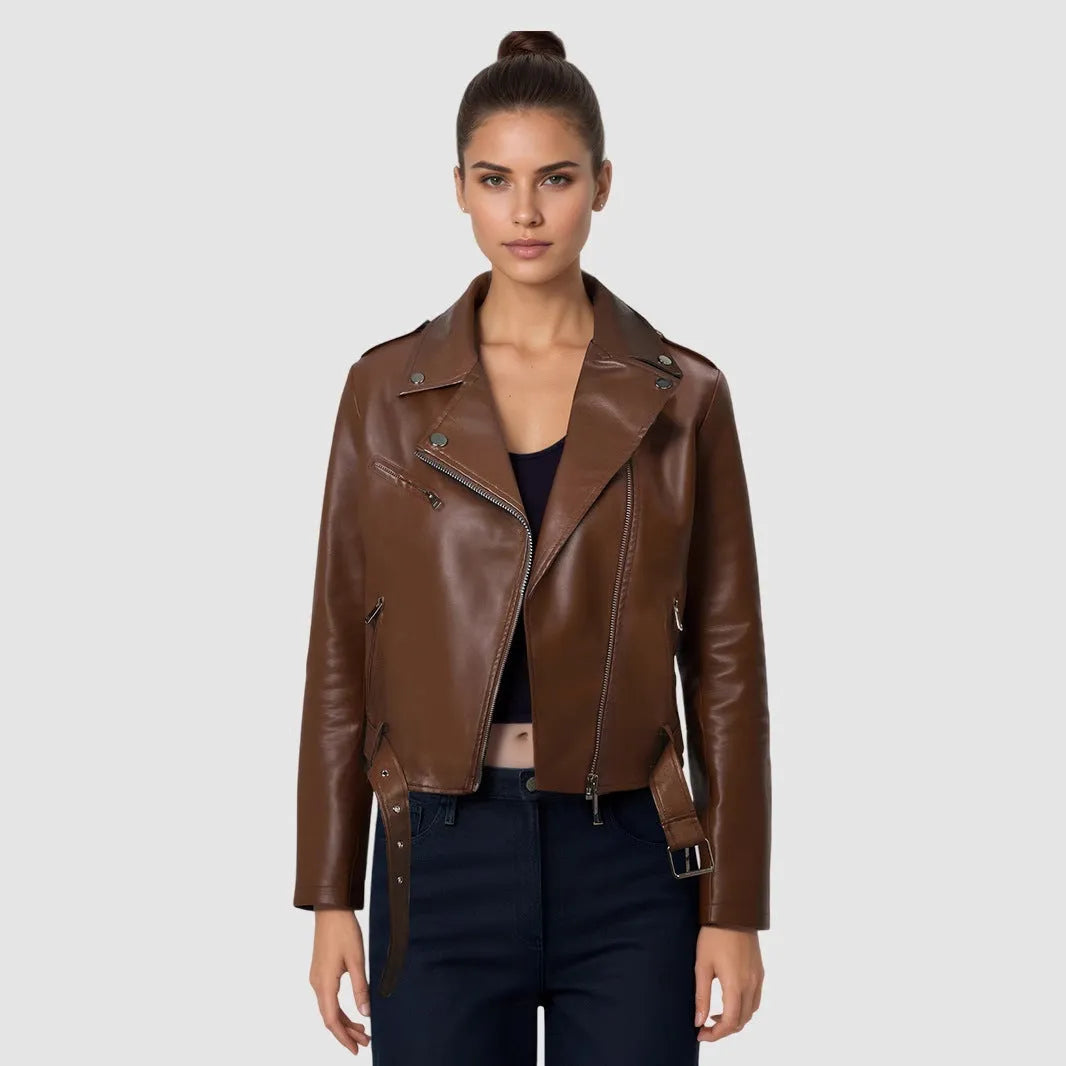 Women's red PU leather biker jacket with lapel collar and removable waist belt on a hanger.