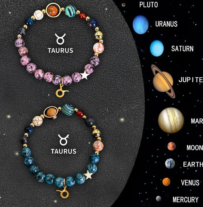 Two natural stone beaded zodiac bracelets laid side by side, showing different stone textures and colours.