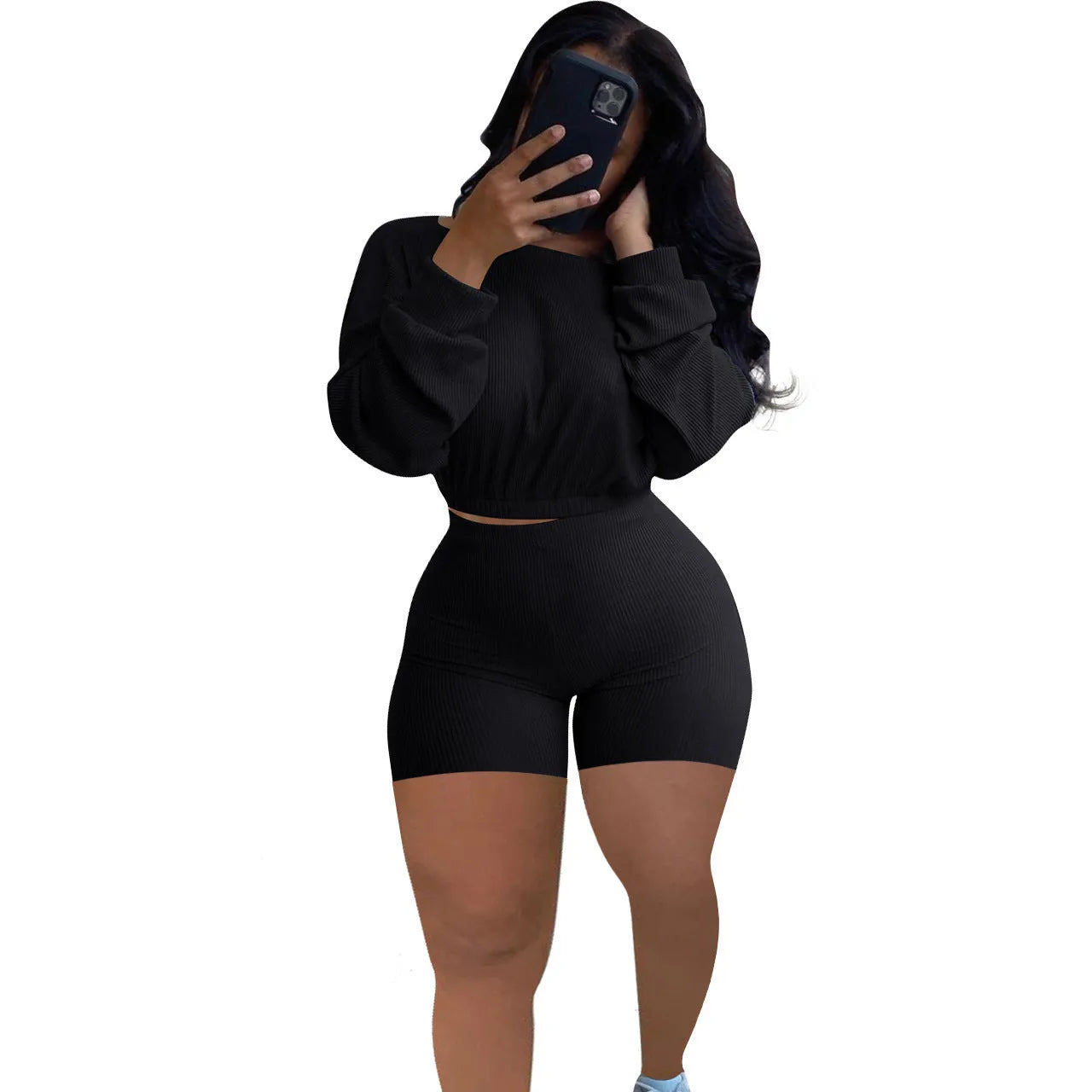 Ladies' solid colour off-the-shoulder long sleeve top and shorts two-piece set