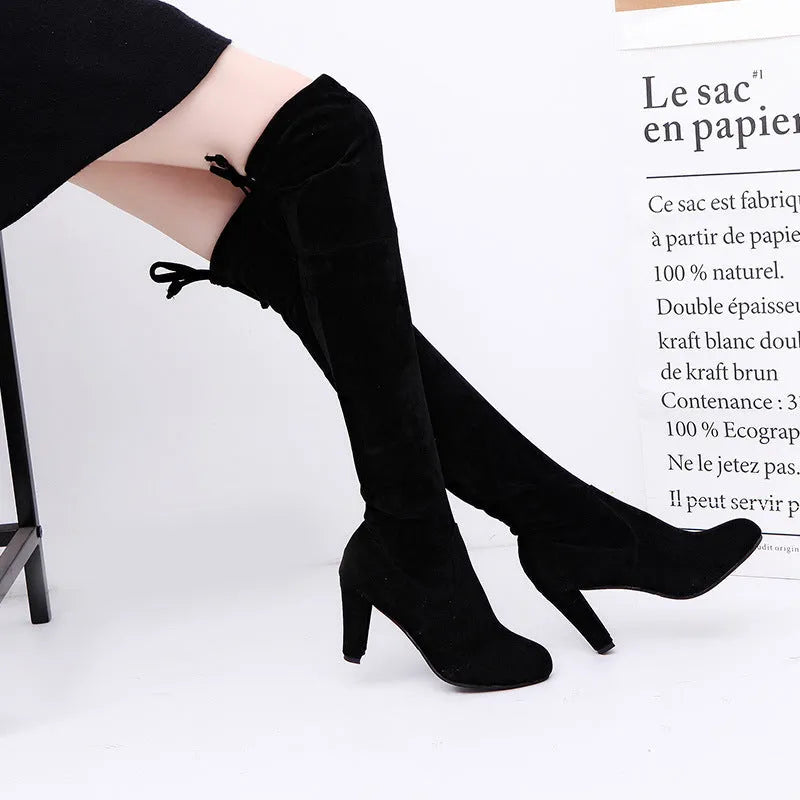 Black knee high boots for women with thick heel and round toe