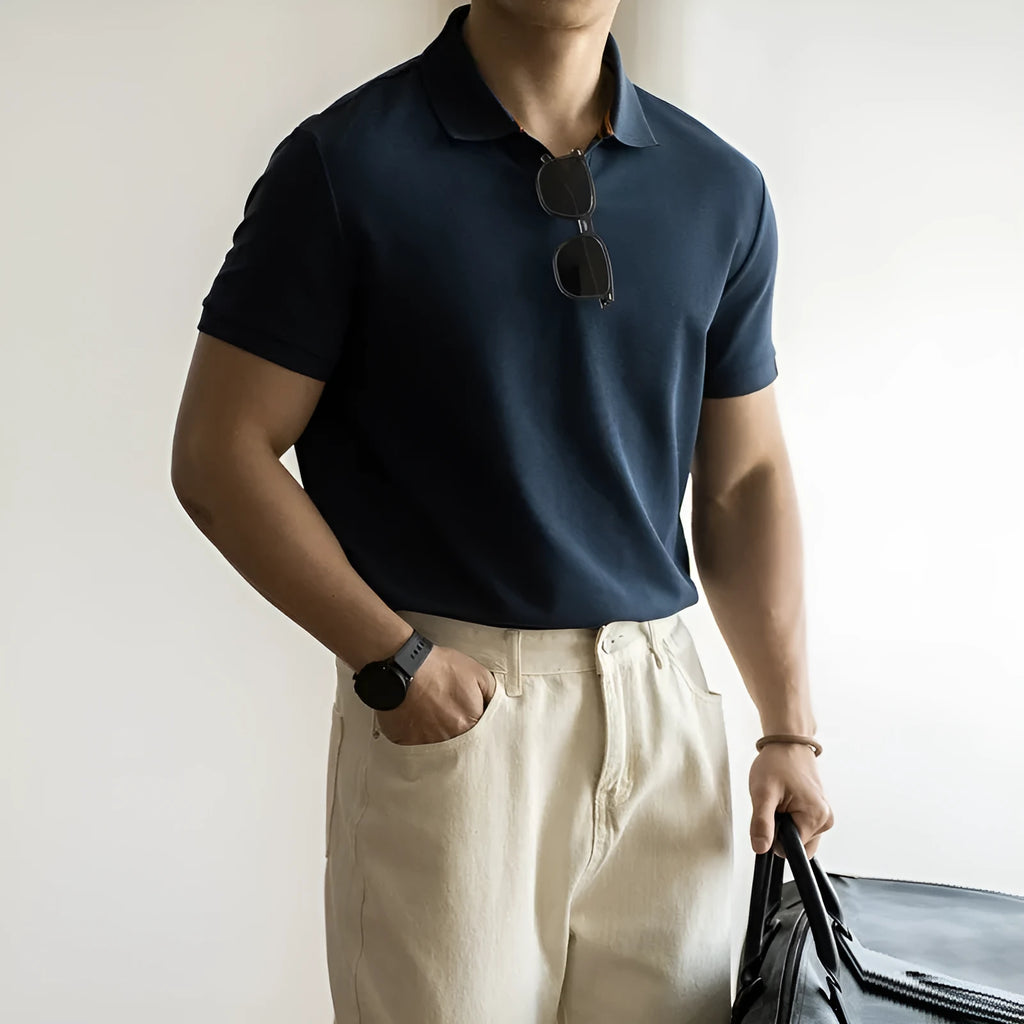 Men's blue American-style short-sleeve polo shirt on a hanger