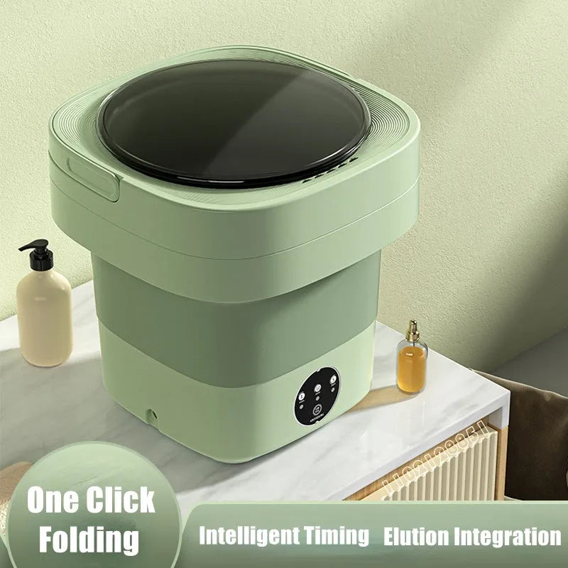 Mini foldable washing machine in green with blue light sterilisation and drain basket
