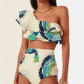 White women's one-shoulder bikini swimsuit with lotus leaf detail and split design