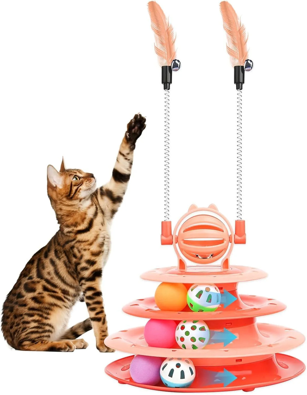 Blue 4-tier interactive cat carousel toy with coloured balls and teasing rods