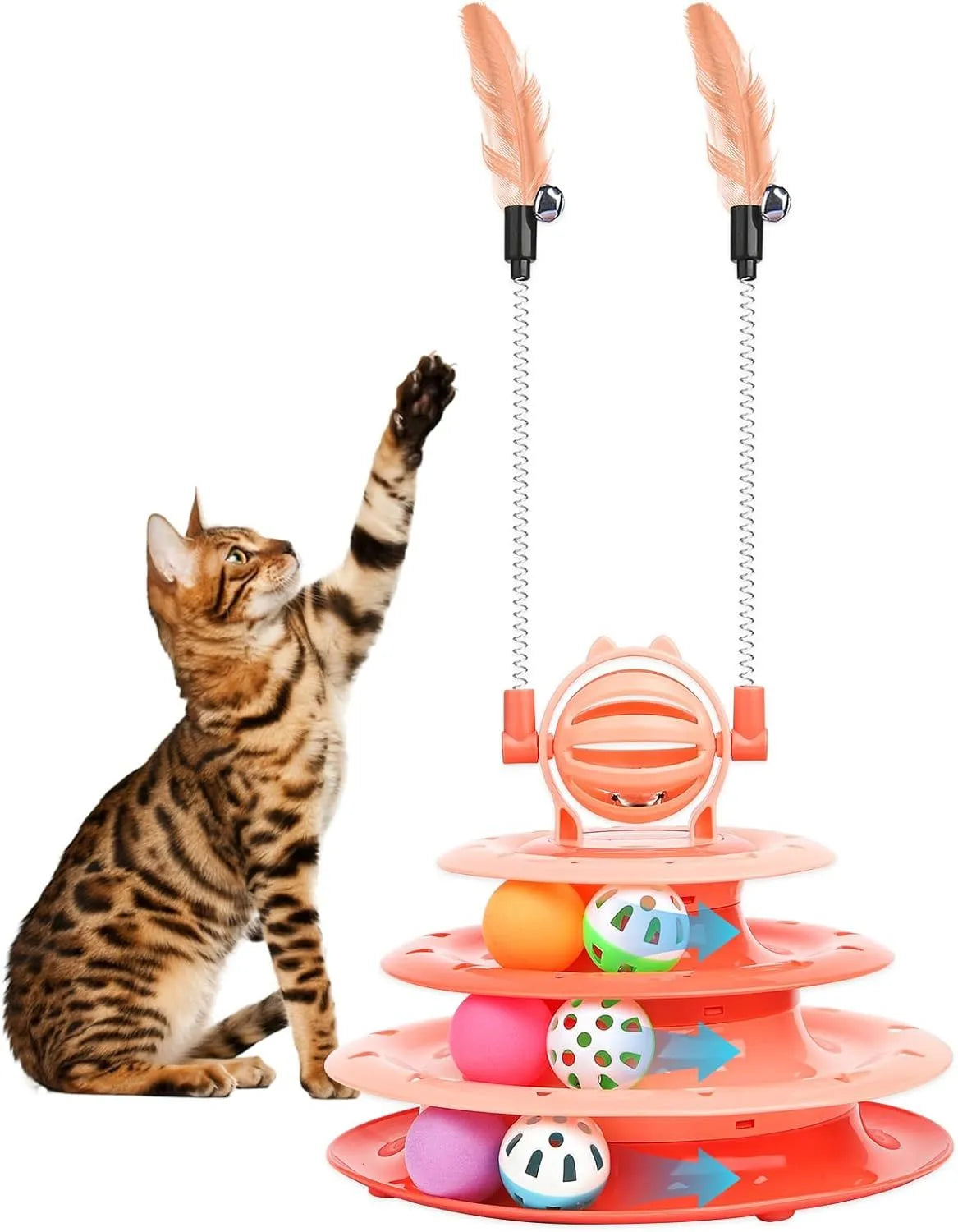 Blue 4-tier interactive cat carousel toy with coloured balls and teasing rods