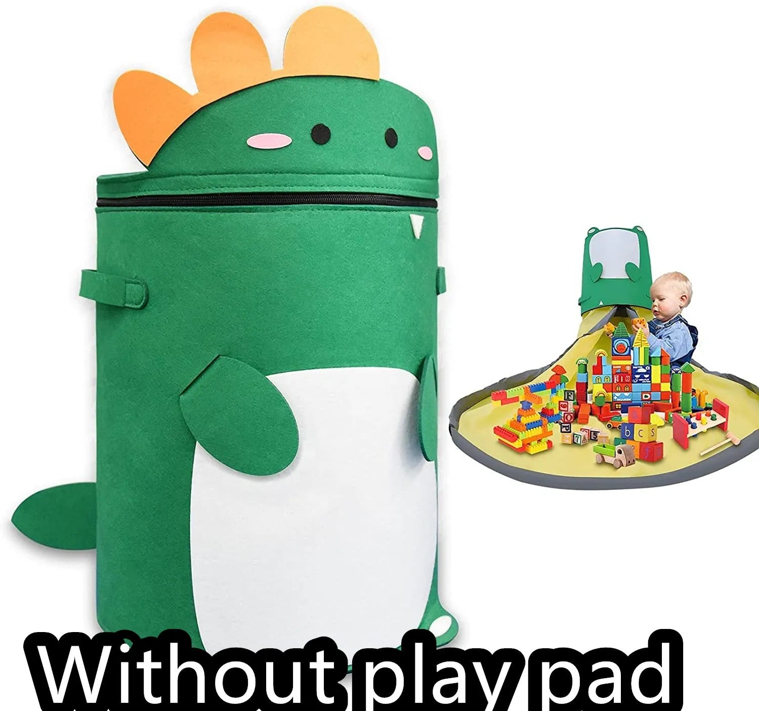 Green felt cube storage bag open as play mat with pull rope closure for children's toys