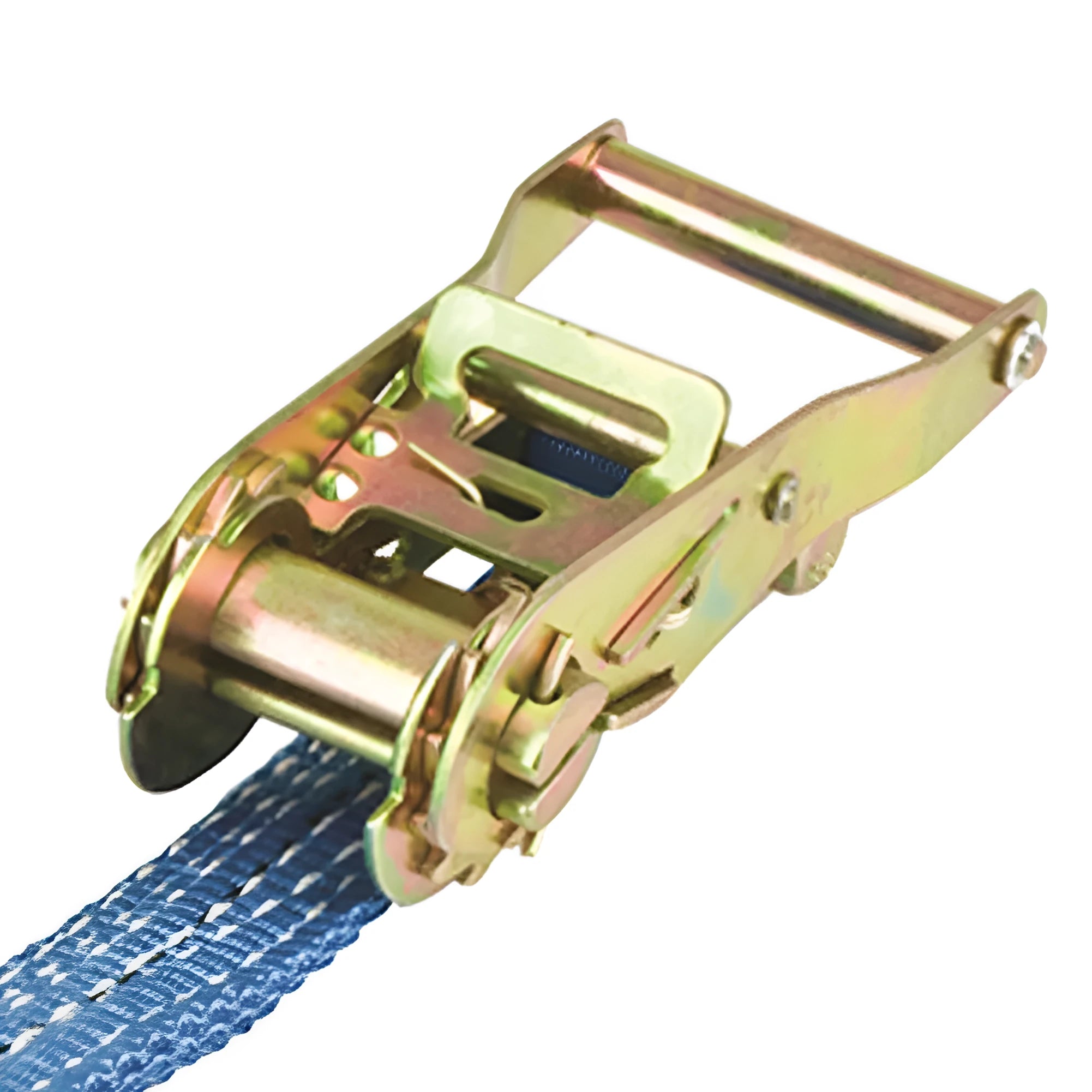 Steel ratchet tensioner with double hooks on a 25mm wide polyester binding strap