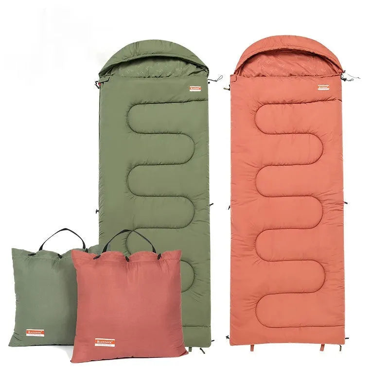 Ochre cotton camping sleeping bag quilt folded to show ultra-light portable design