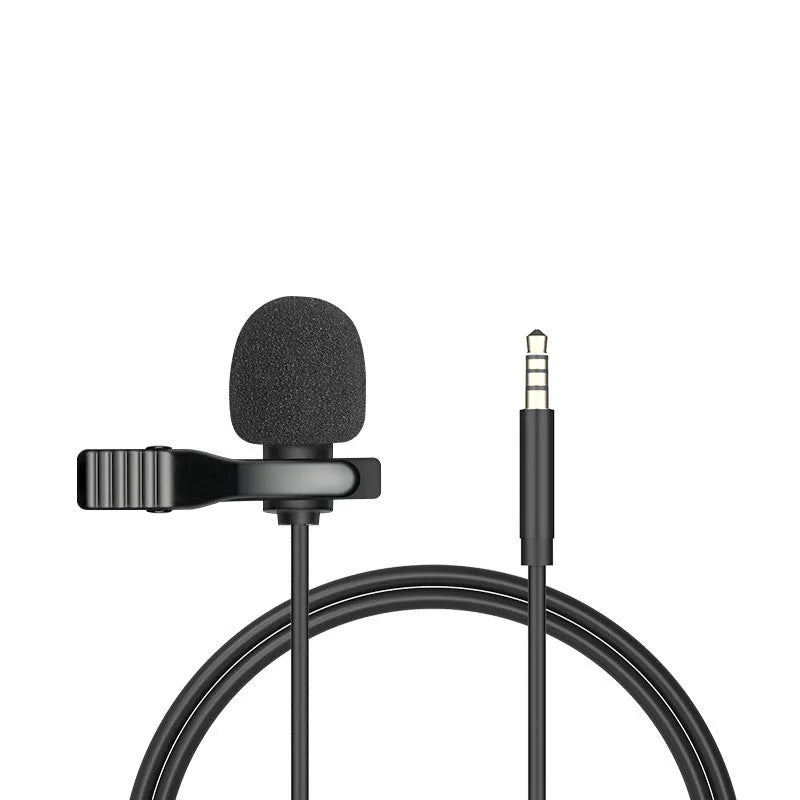 Black lavalier clip microphone with in-ear headphones connected to 3.5mm plug for Apple iPhone