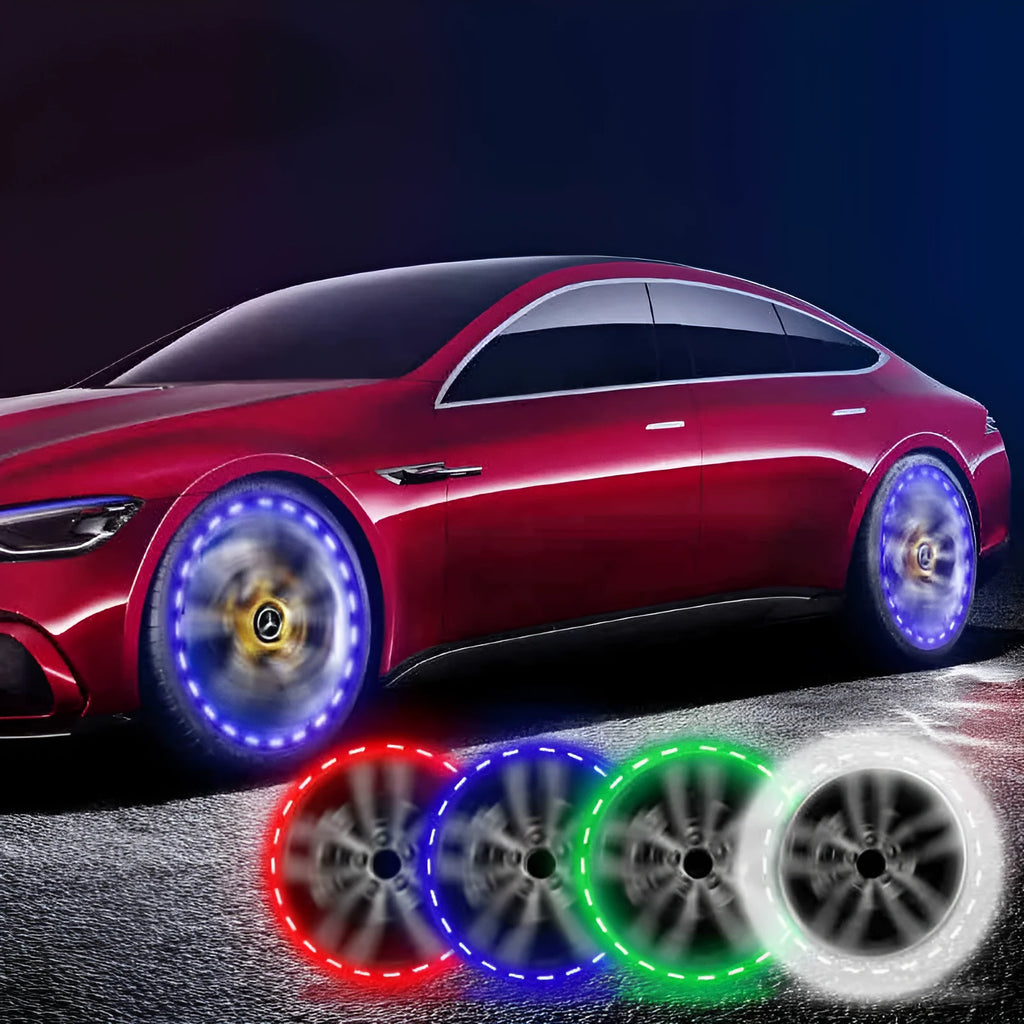 Solar-powered colourful LED hub decorative lights for vehicle installation with 15 flash modes
