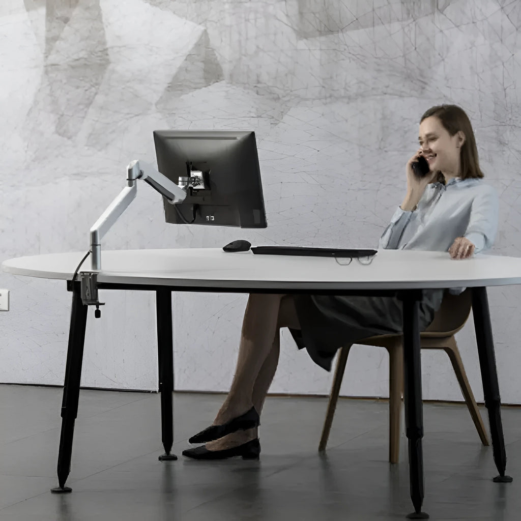 Silver aluminium hover notebook stand with adjustable air pressure arm for laptop support