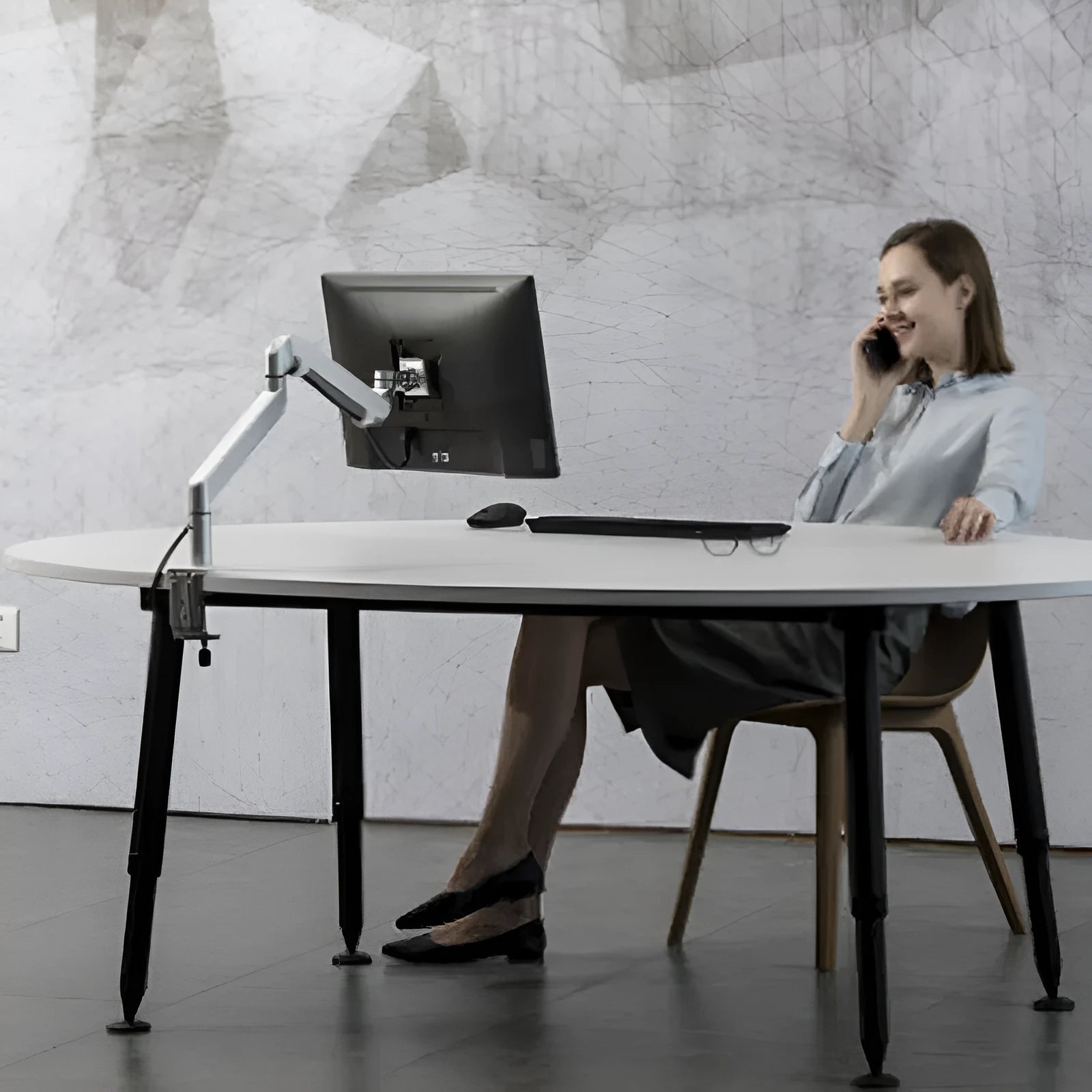 Silver aluminium hover notebook stand with adjustable air pressure arm for laptop support