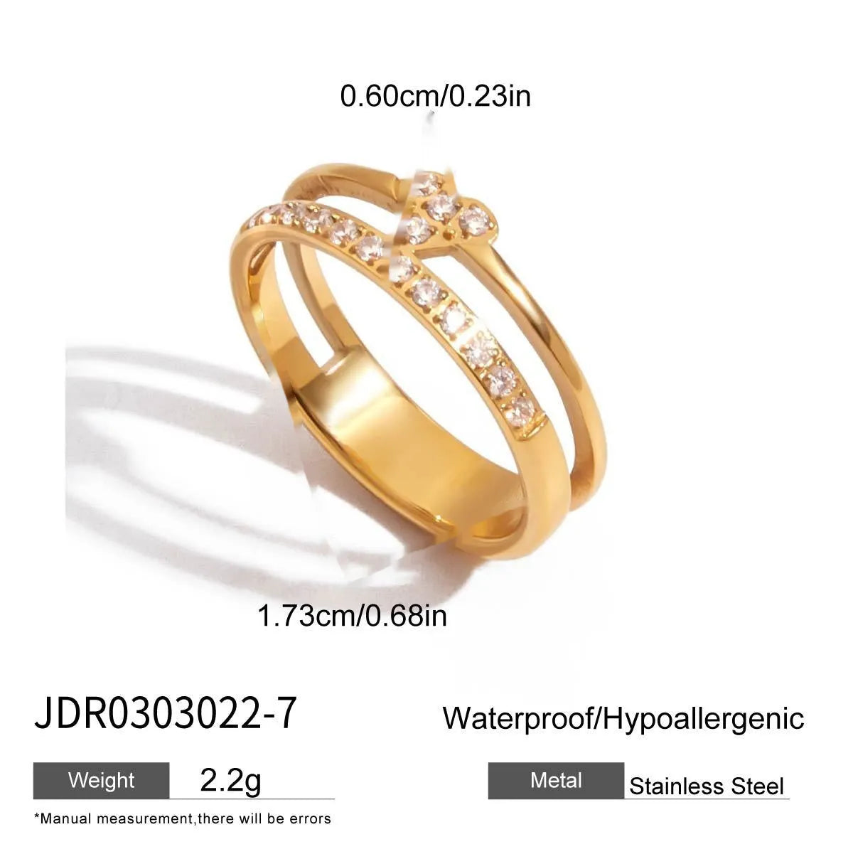 Geometric stainless steel zircon ring with no-fade finish on a hand.