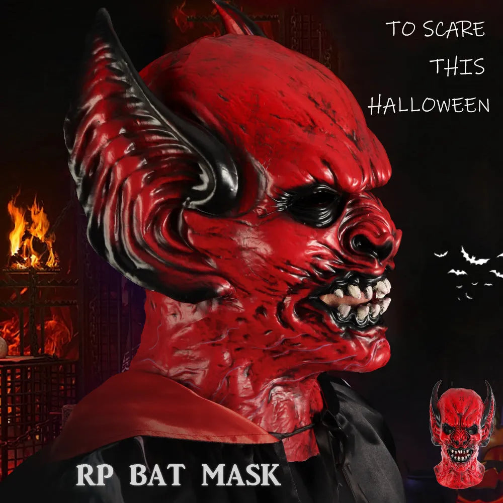 Red RP foam bat horror hood mask for Halloween and party costume dress-up.